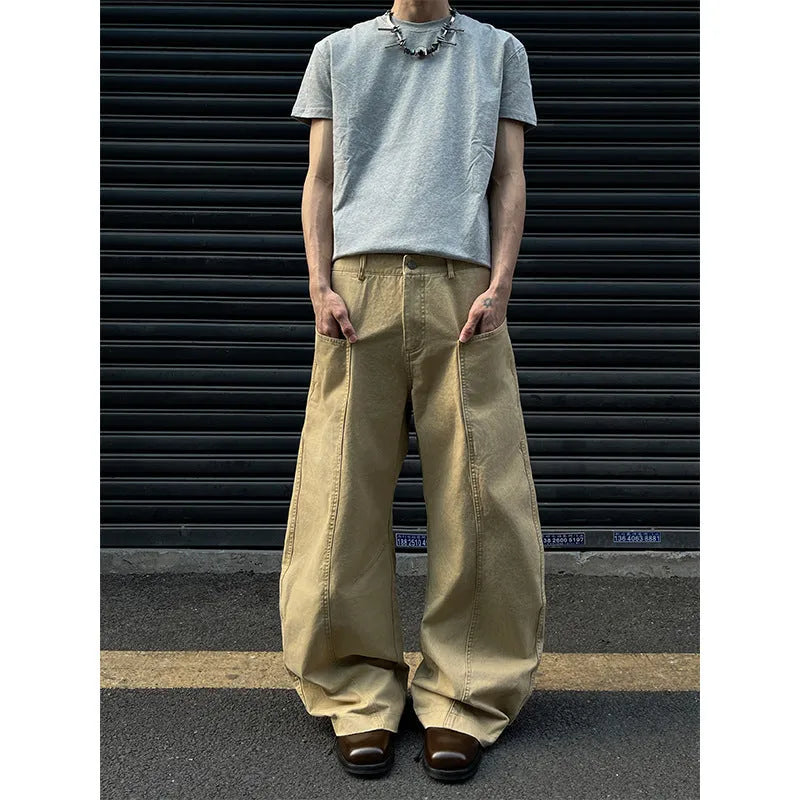 Men's khaki cotton straight-leg trousers in American retro style displayed flat