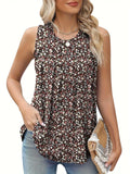 Women's black floral print sleeveless polyester vest, loose fit, plus size.
