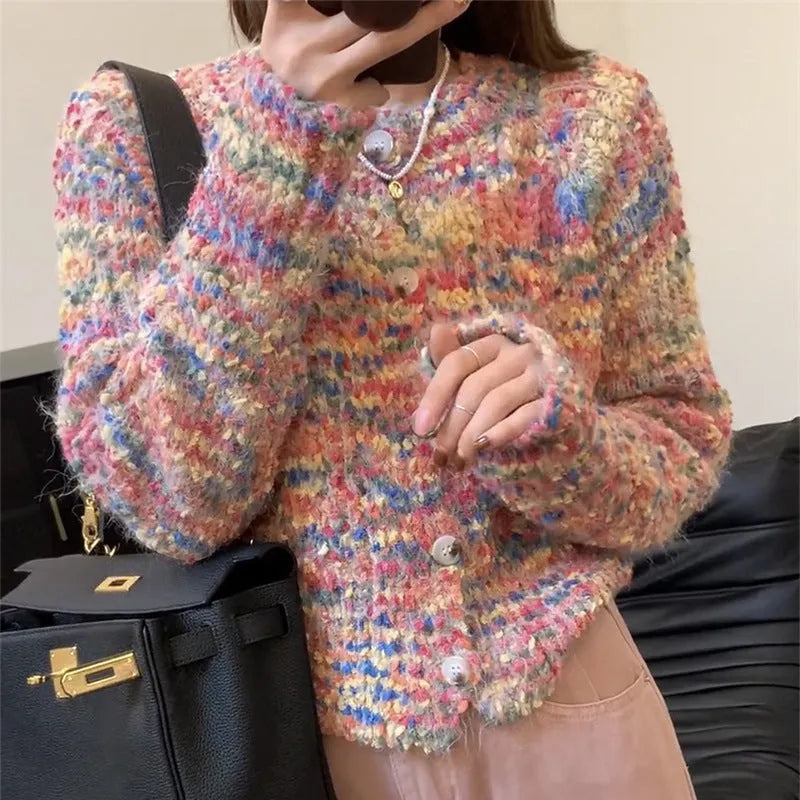 Rainbow pattern acrylic knitted cardigan in pink or green ice cream colours with slim fit