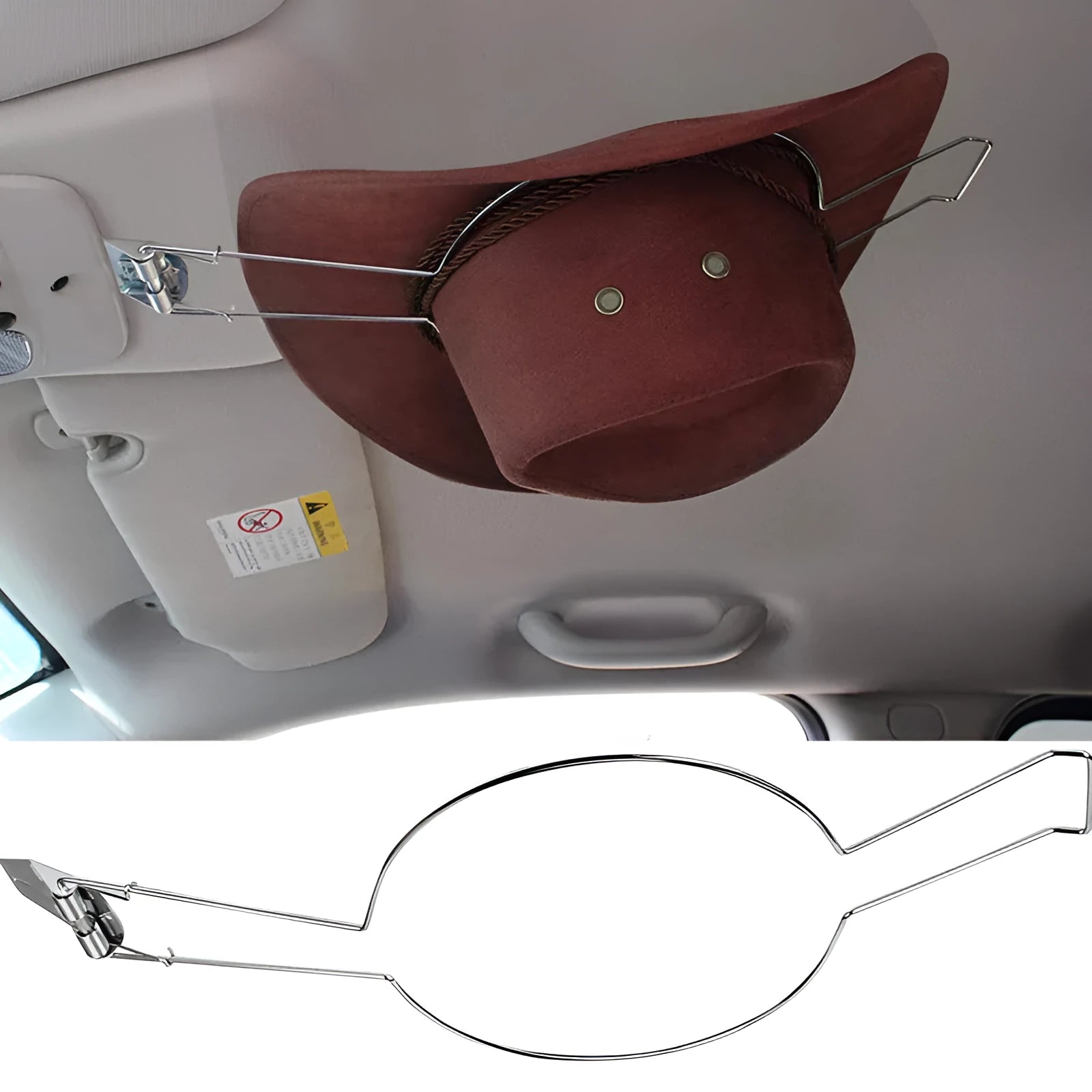 Brown iron coat and hat stand with a chrome-plated metal car silhouette centrepiece and multiple hooks.