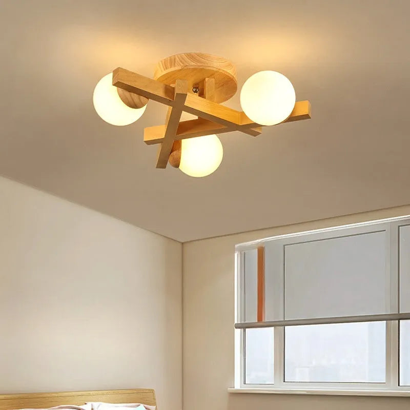 Wooden style Nordic ceiling light with three lamp heads for living room illumination