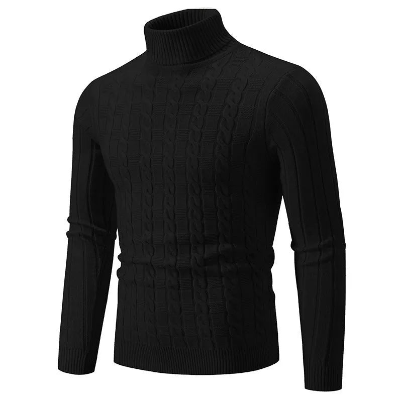 Man wearing a slim fit beige chenille turtleneck sweater for casual wear.