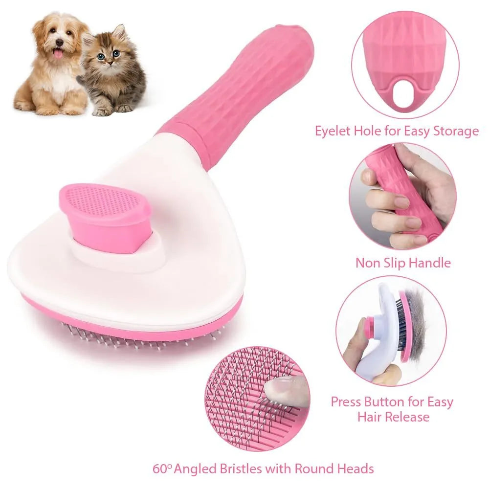 Cat grooming brush with release button in blue, grey, or pink colours with fine wire bristles