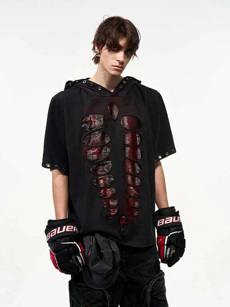 Black men's hooded short-sleeve T-shirt with sequin design, loose fit