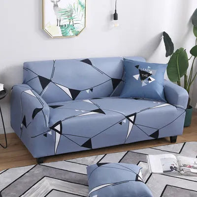 Geometric abstract print stretch sofa slipcover on a modern sofa
