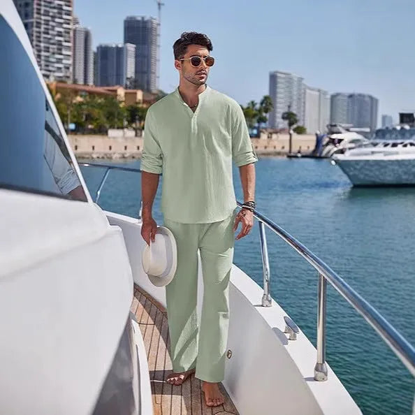 Men's cotton casual trousers suit two-piece set in solid colour with long sleeves