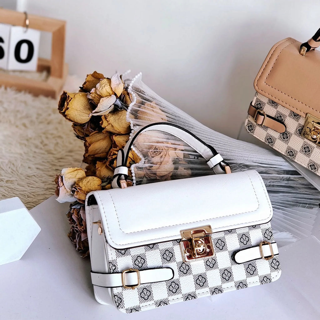 Square ethnic crossbody bag with floral stitching and plaid pattern design