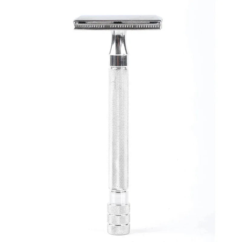 Traditional manual metal shaving scraper and brush set in black or silver finish.