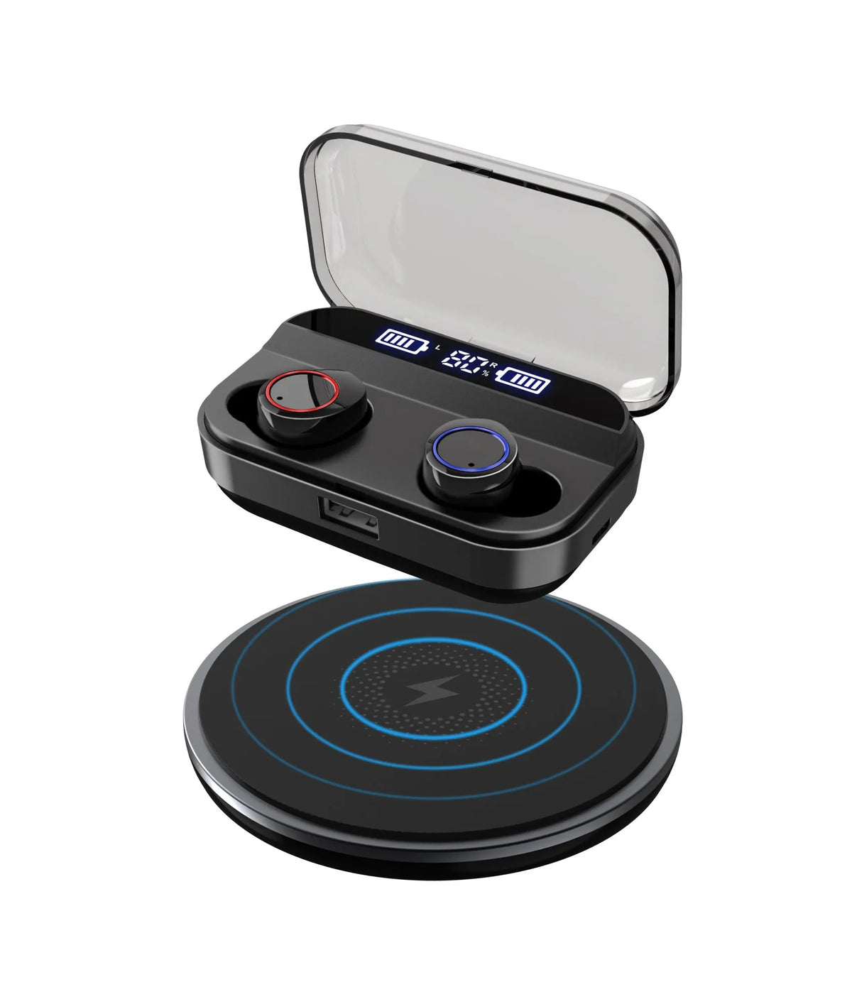 Black X11 Sky-Free true wireless Bluetooth earbuds with compact charging case on a white background.
