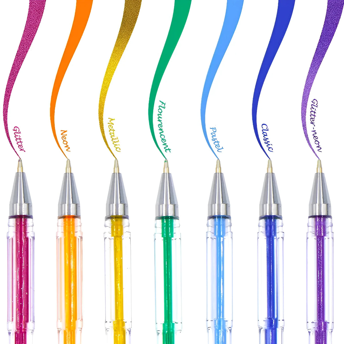Set of 100 assorted colour gel pens with plastic barrels, showing fine and broad tips for drawing and highlighting.
