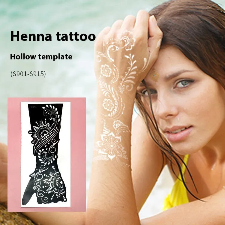 Set of geometric hollow template tattoo stickers showing 3D paper carving detail on sample designs.