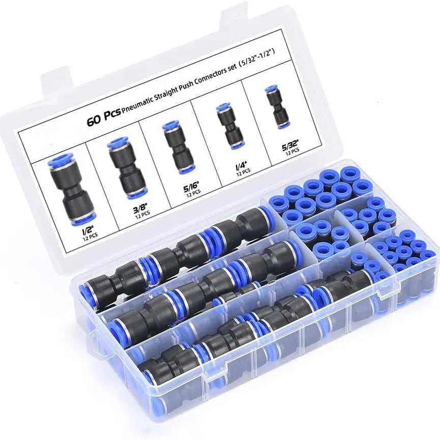 60-piece pneumatic connector kit with push-in fittings in R1/4 and R1/2 thread sizes