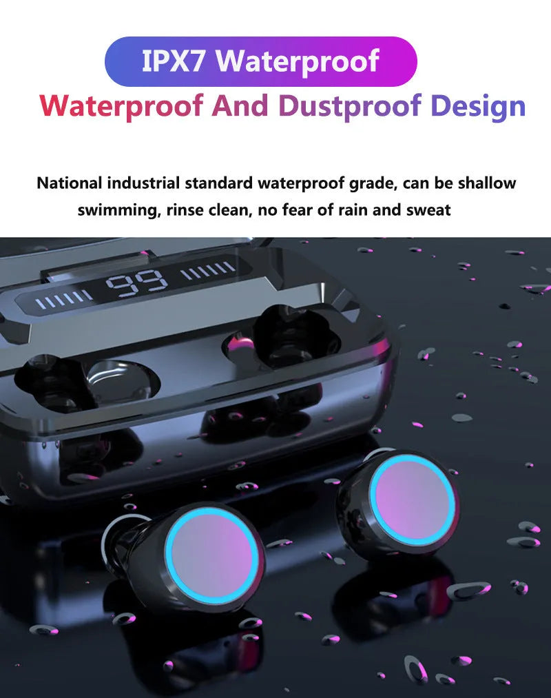 Black M11 style Bluetooth wireless earbuds with charging case showing digital display