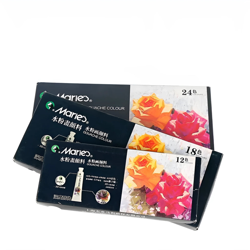 Gouache paint set with multiple tubes in 12, 18, or 24 colours available in 5ml or 12ml sizes