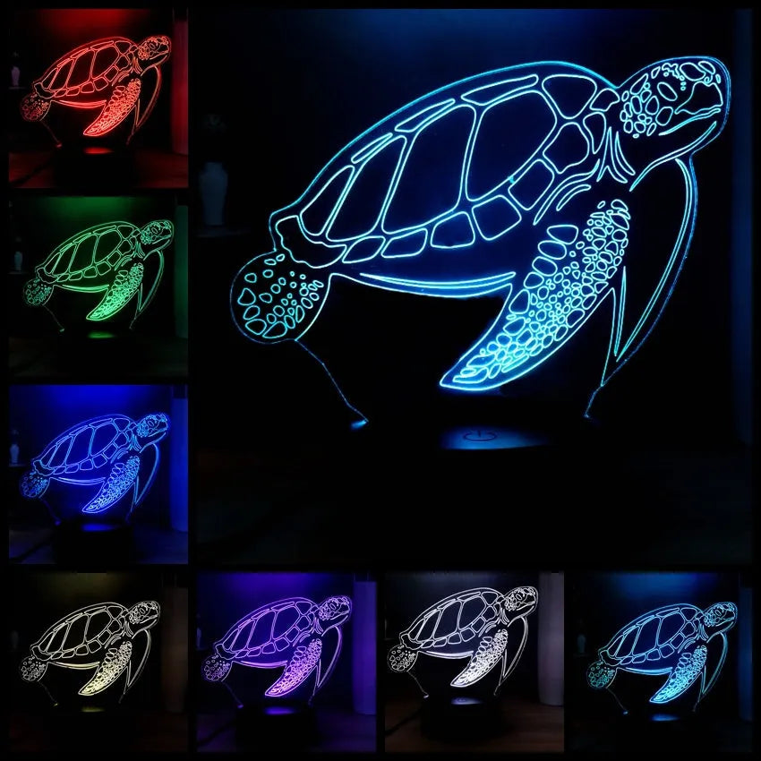 3D clear acrylic turtle-shaped LED night light showing colour changing illumination.