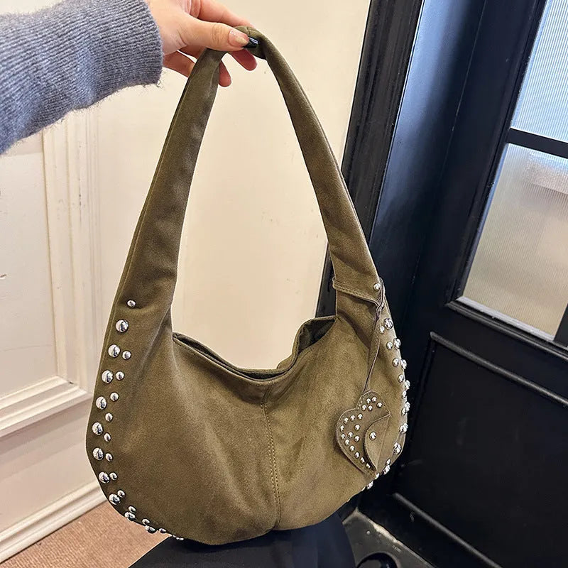Soft plush strapless tote handbag in retro style, shown in black, red, brown, and green colour options.