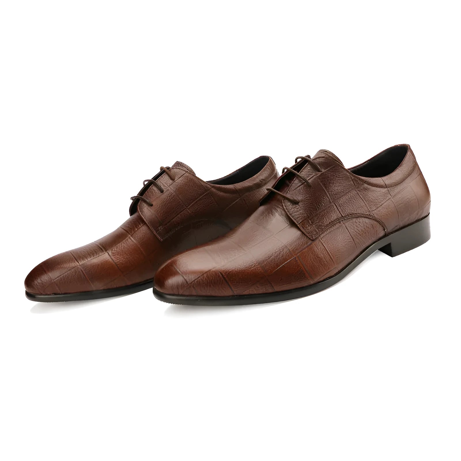 Men's black leather derby shoes with checkered cowhide vamp and pointed toe for business wear