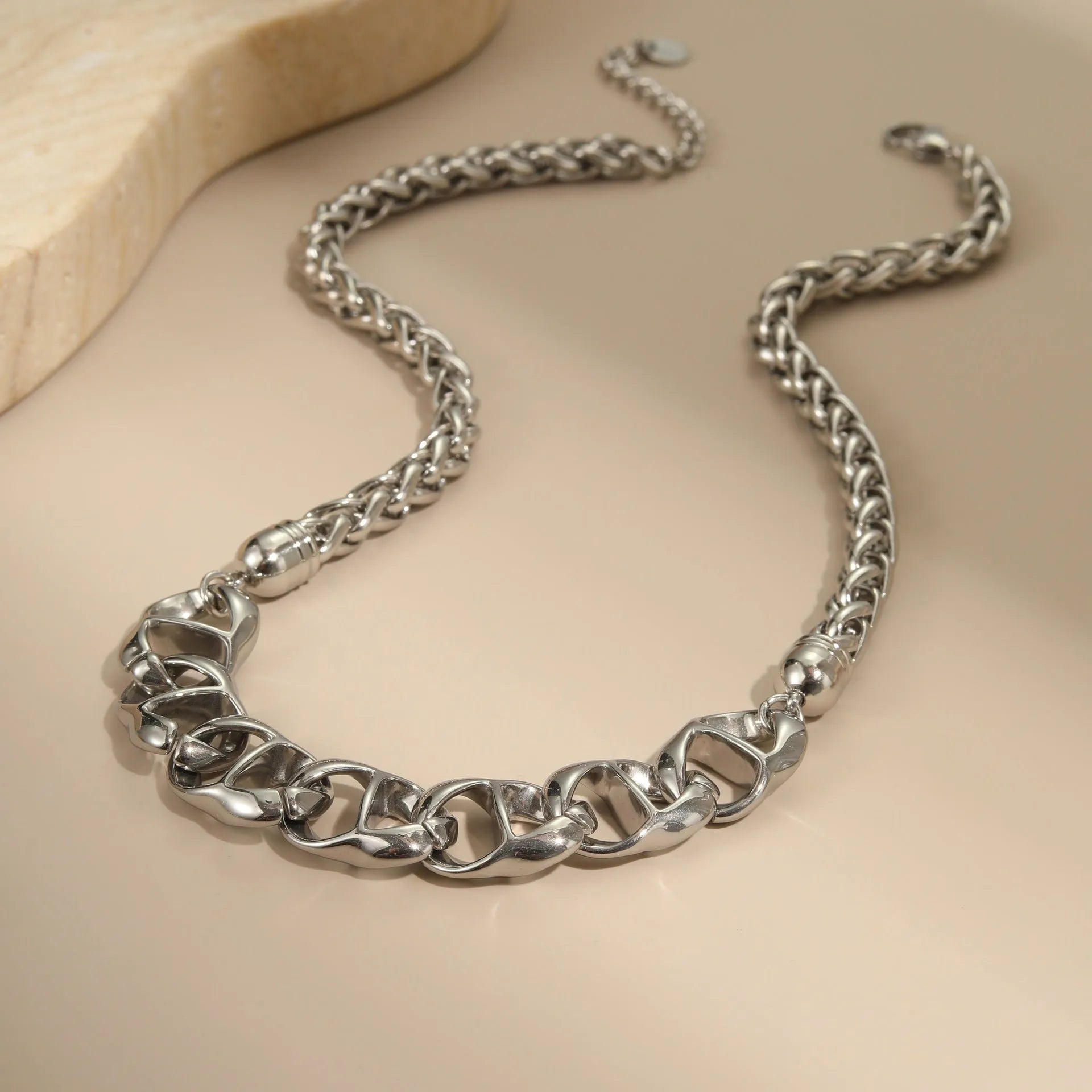 Gold plated stainless steel necklace with geometric pendant on regular chain for women