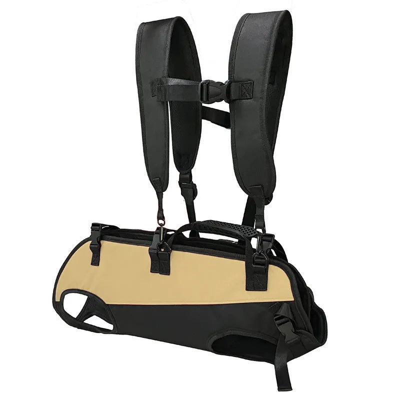 Soft Oxford cloth pet backpack shown in black, functioning as both a carrier and an emergency walking stretcher for dogs.