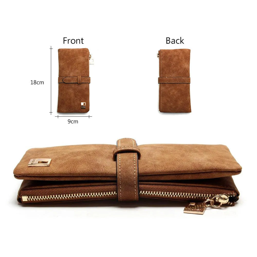 Korean retro matte leather long wallet open showing card slots, phone pocket, and two-fold design
