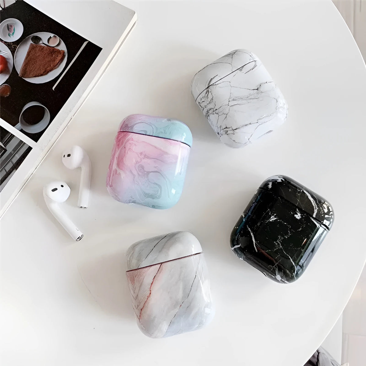 White marble hard PC protective case for Apple AirPods 1 and 2 wireless charging box