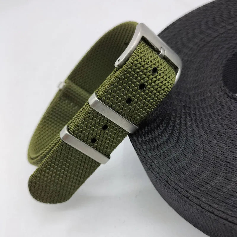 Woven nylon watch strap with integrated loop closure in multiple colour options