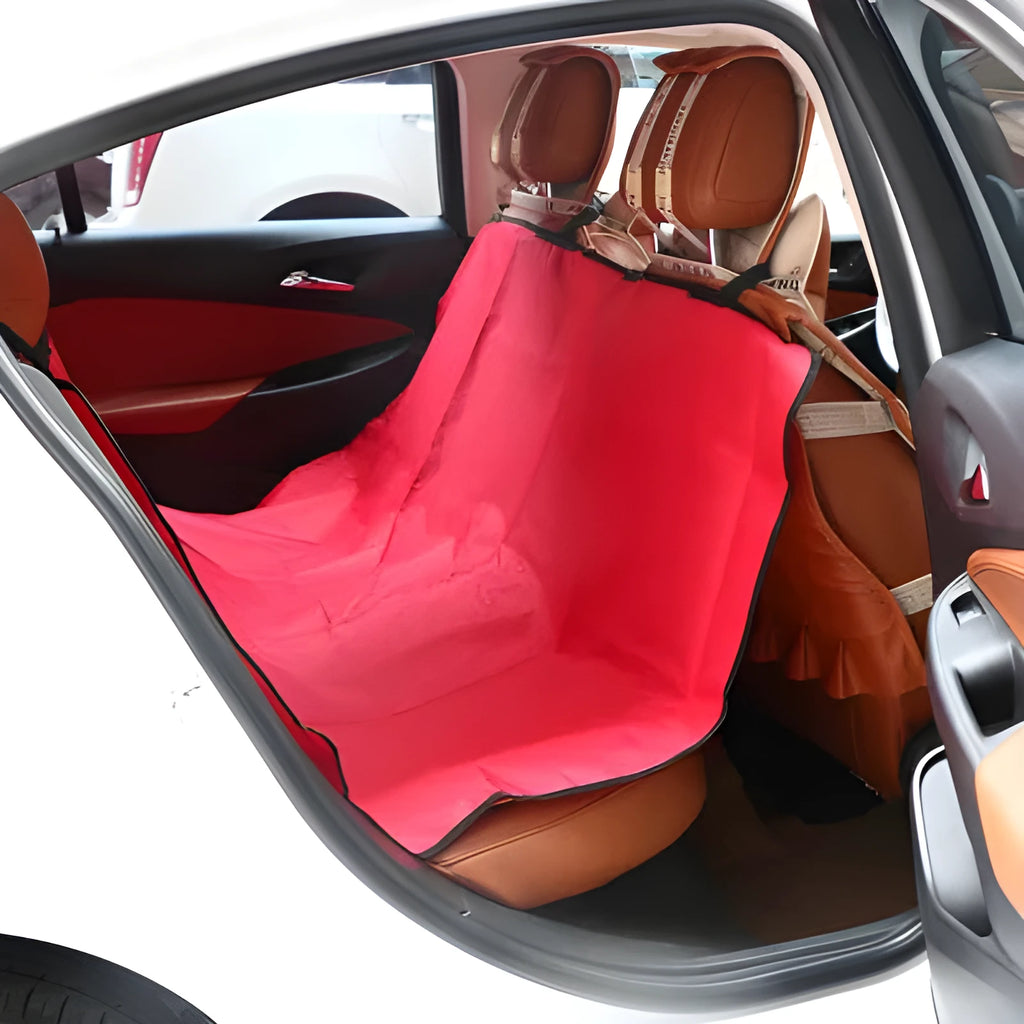 Large square waterproof car pet seat cushion in Oxford fabric, shown in red on a car seat.