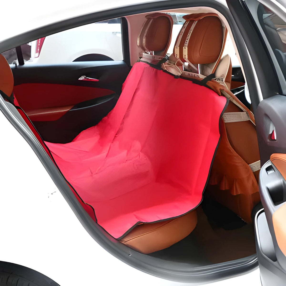 Large square waterproof car pet seat cushion in Oxford fabric, shown in red on a car seat.