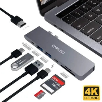USB Type C adapter hub with multiple ports including Thunderbolt 3, HDMI, SD card slot, and USB 3.0
