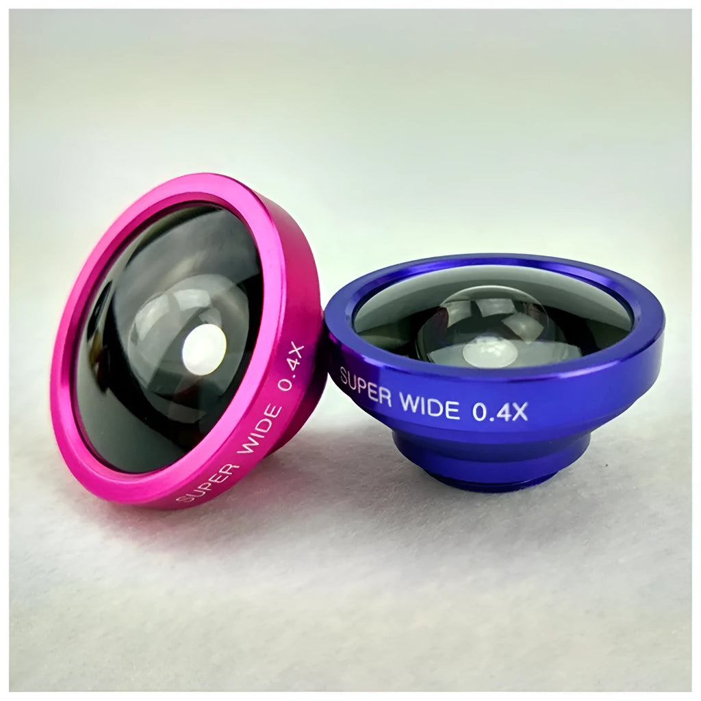 3-in-1 mobile phone camera lens kit with fisheye, wide angle and macro lenses in metal construction