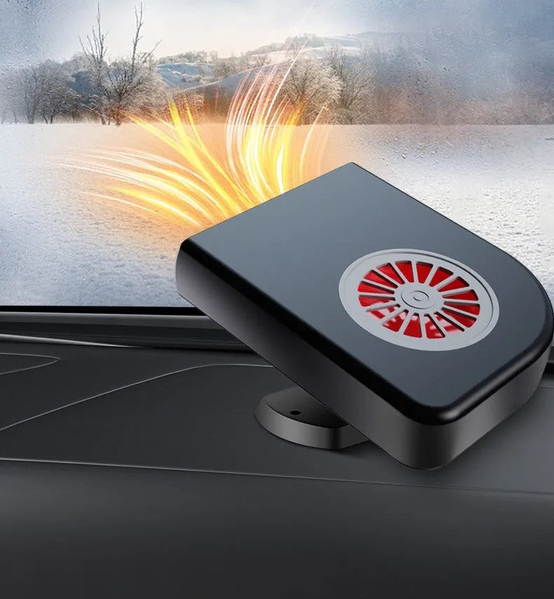 Black compact DC 12V car heater for defrosting and defogging with 360-degree rotation.