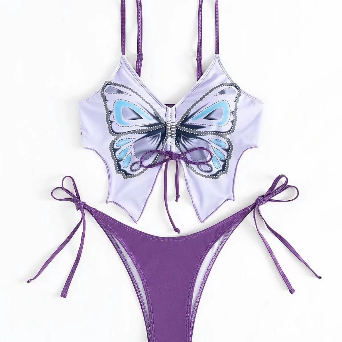 Women's purple bikini suit with bow detail and high-waisted briefs for swimming.