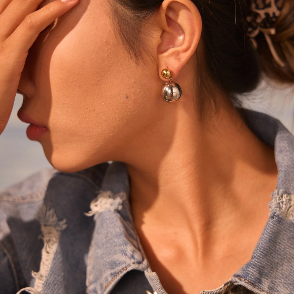 Stainless steel geometric ear studs with colour-block round beads and electroplated finish