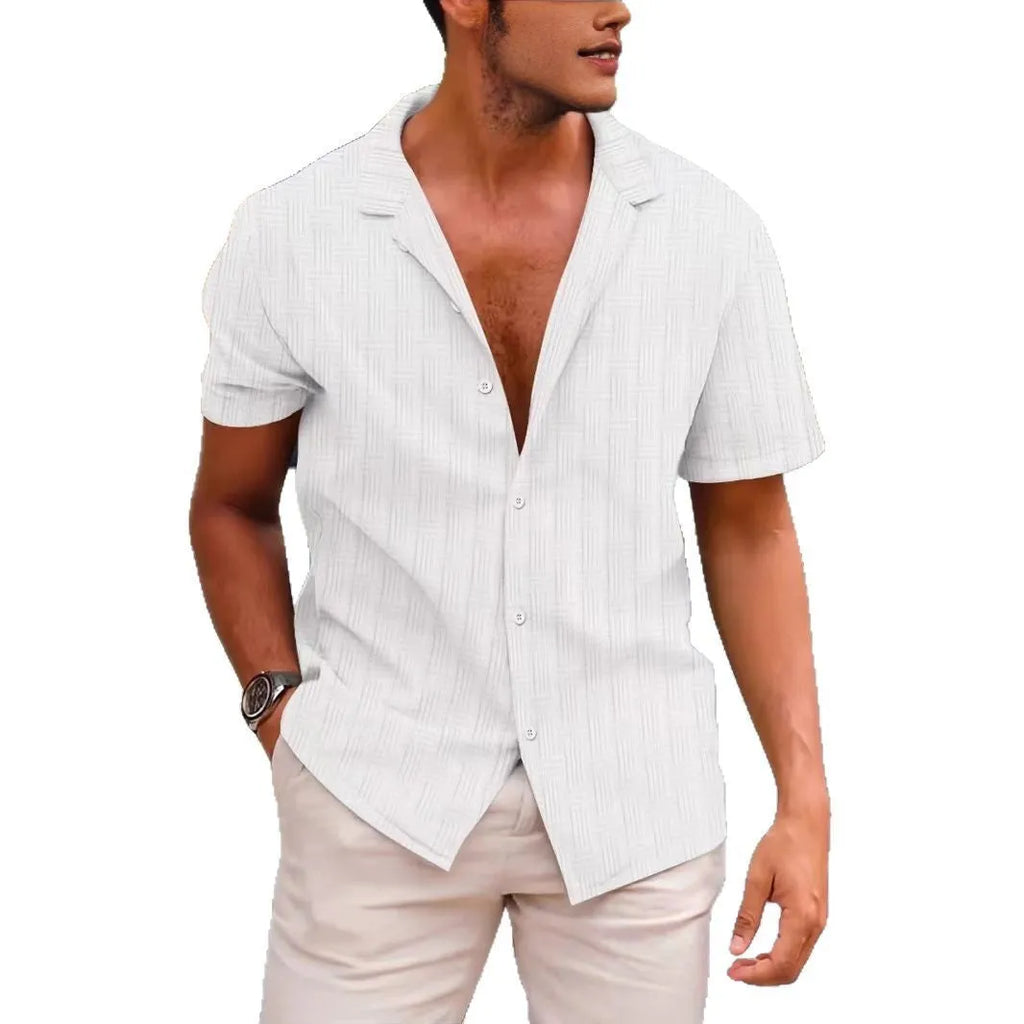 British style corduroy short sleeve shirt in solid colours on a hanger
