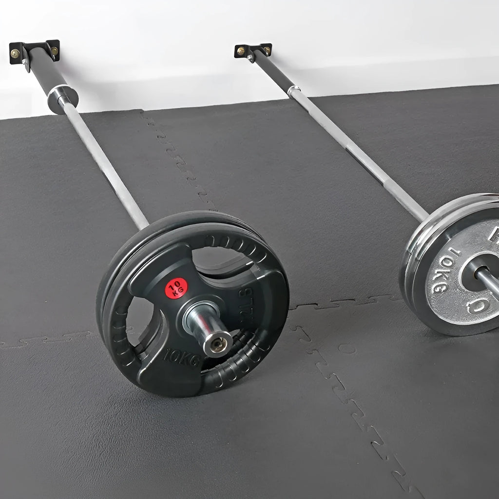 Steel wall-mounted rack holding 25 metal rods or barrels