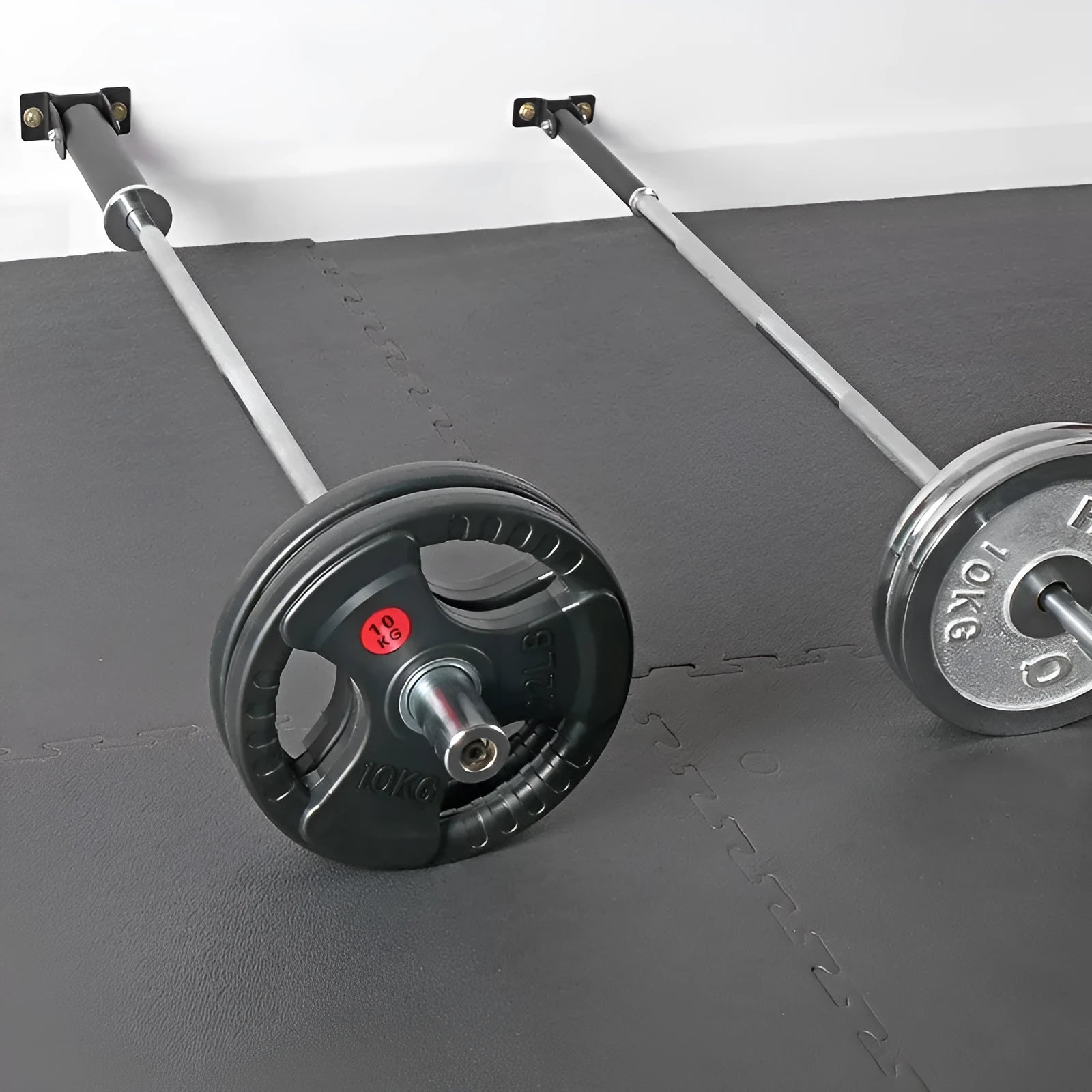 Steel wall-mounted rack holding 25 metal rods or barrels