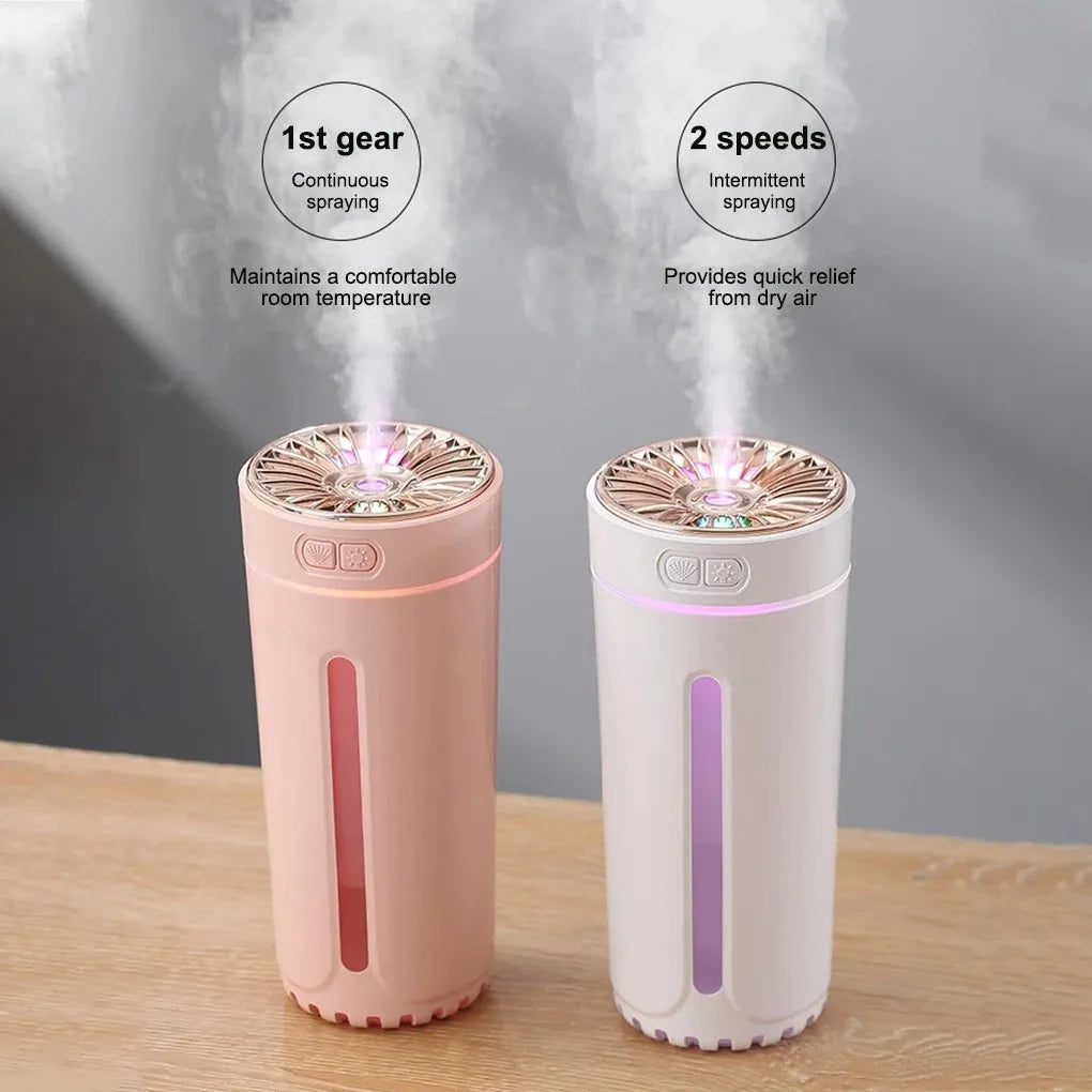 Black portable USB humidifier with colourful LED lights, shown next to a USB cable, suitable for car cup holders.