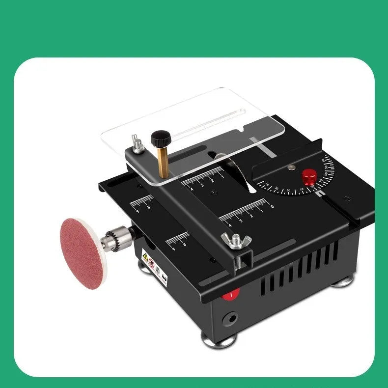 Compact lithium-ion battery desktop saw with metal construction on workbench