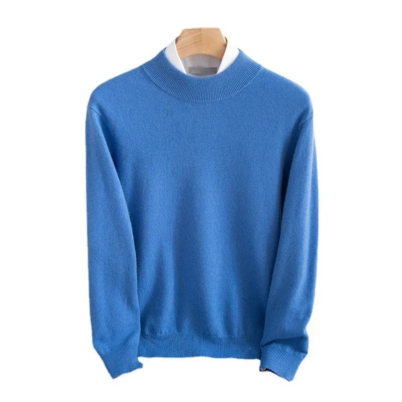 Men's half-collar wool sweater in coarse yarn knit, loose fit, shown in multiple colours