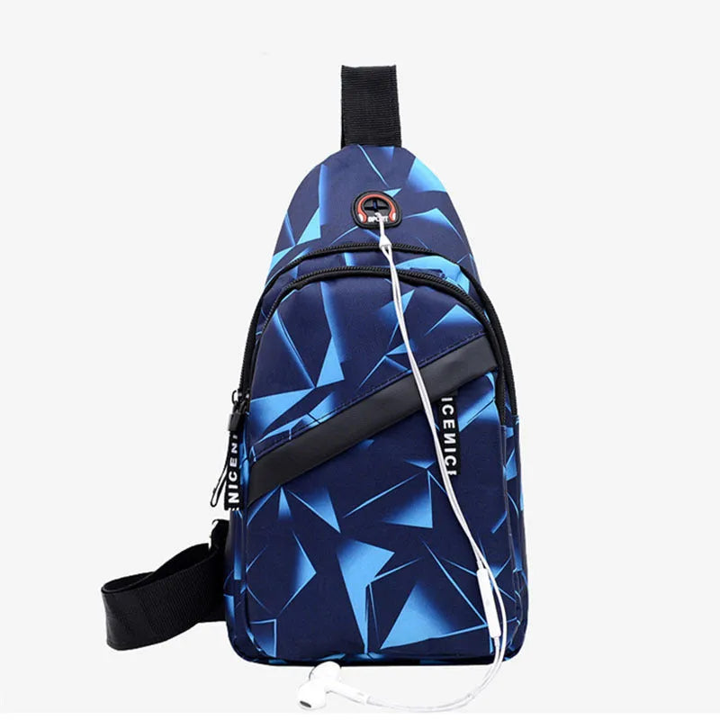 Men's crossbody sling bag with earphone hole in Oxford cloth with zip pockets