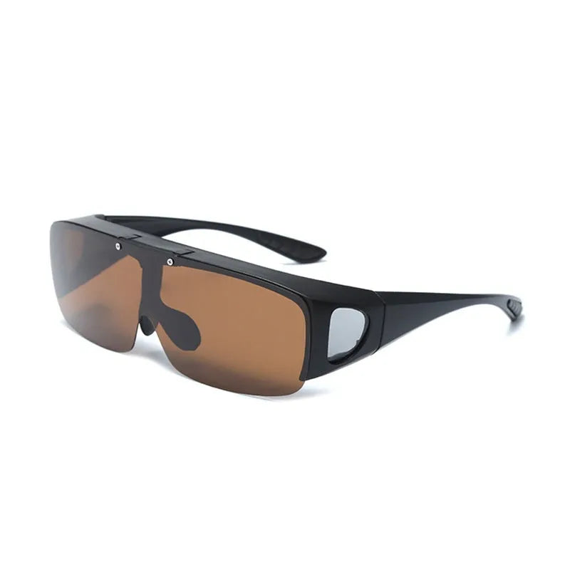 Polarised sports sunglasses with one-piece myopia glasses design for outdoor activities.