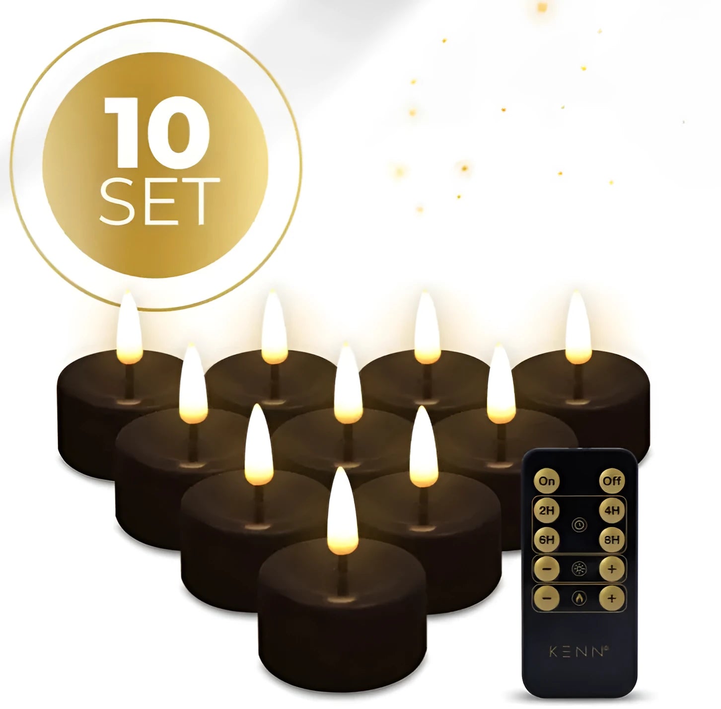 Four black plastic LED tealight candles showing their size and colour.
