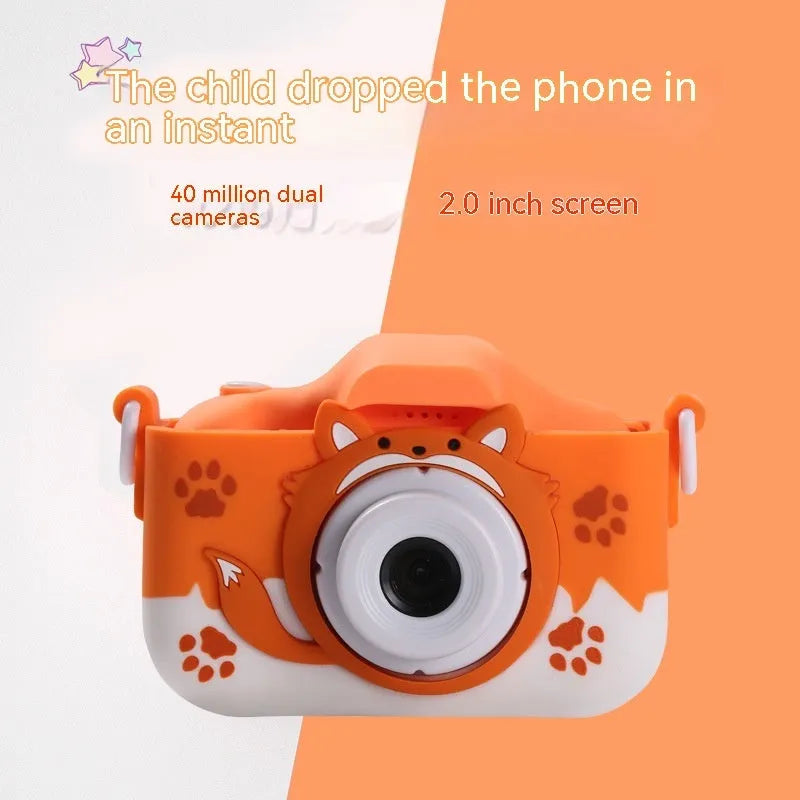 HD cartoon children's digital camera in blue colour with compact ABS plastic body and included lanyard