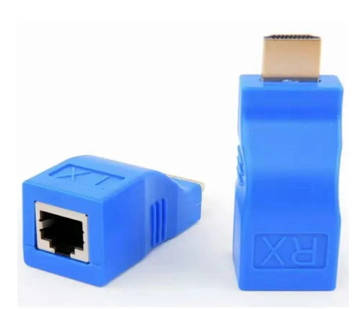 HDMI extender transmitter and receiver unit pair for signal extension over network cable.