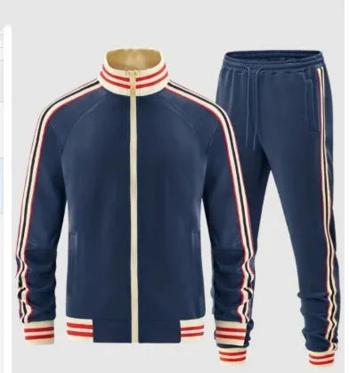Men's casual two-piece suit set with zippered turtleneck cardigan and matching trousers in streetwear style