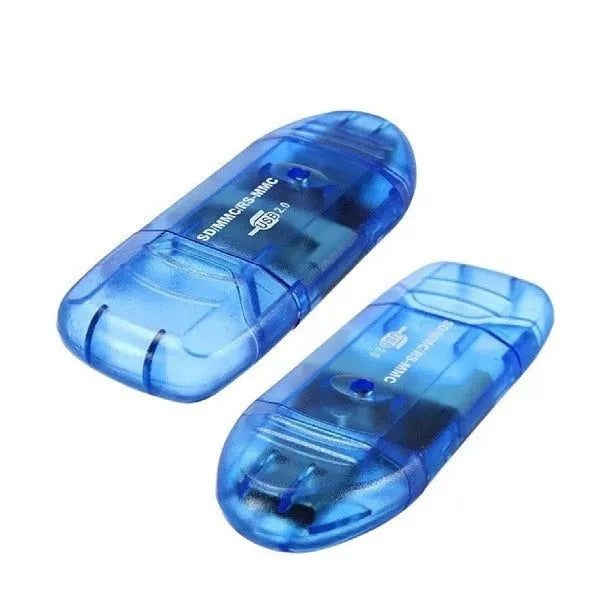 Transparent LED USB card reader with plastic construction and card holder on white background