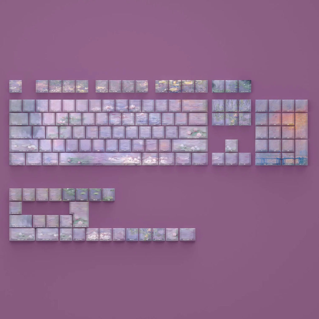 Wenshao Sleeping Lotus PBT keycap set with side-carved transparent characters, 130 keys for mechanical keyboards