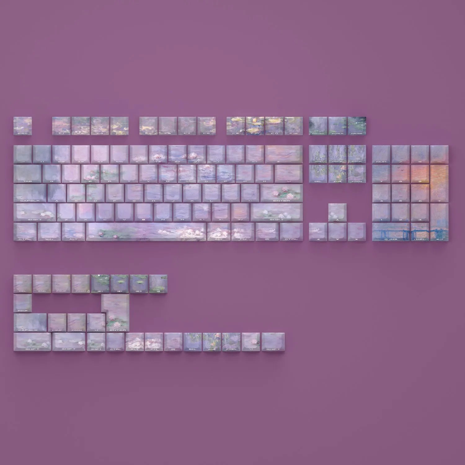 Wenshao Sleeping Lotus PBT keycap set with side-carved transparent characters, 130 keys for mechanical keyboards
