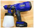 Blue cordless paint spray gun with 800ml watering can attached