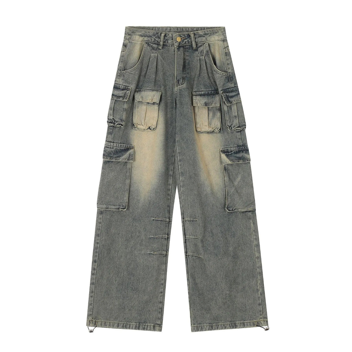 Loose multi-pocket distressed denim pants in street hipster style with tooling details